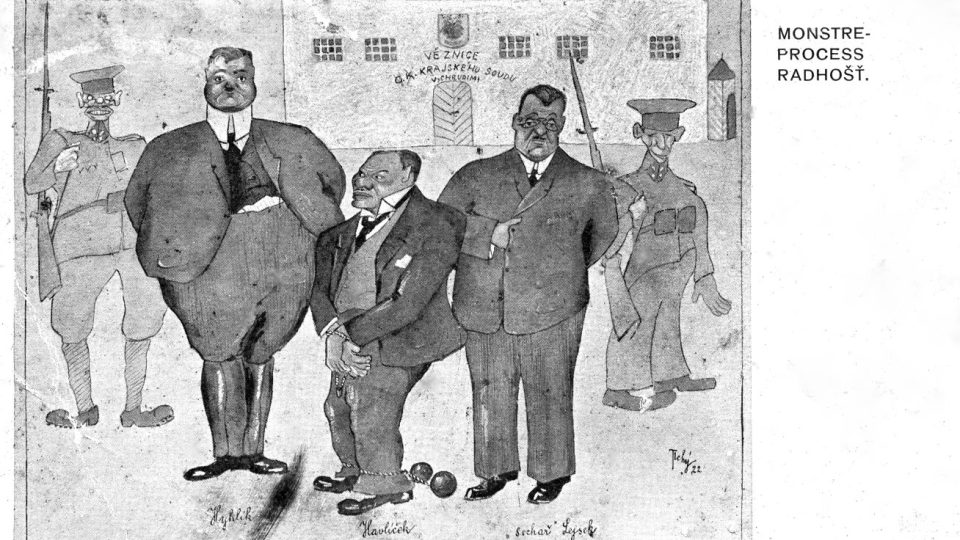 Karikatura z roku 1922 od faráře Tichého o procesu s účastníky boje o kostel