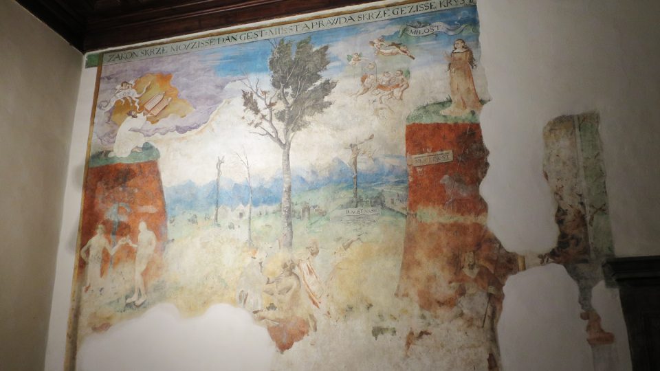 Nástěnná malba v tzv. Mázhausu pardubického zámku zobrazuje téma Zákon a Milost