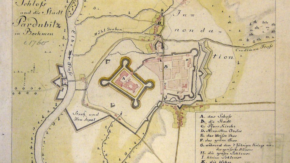 Opevnění pardubického zámku na mapě z roku 1760