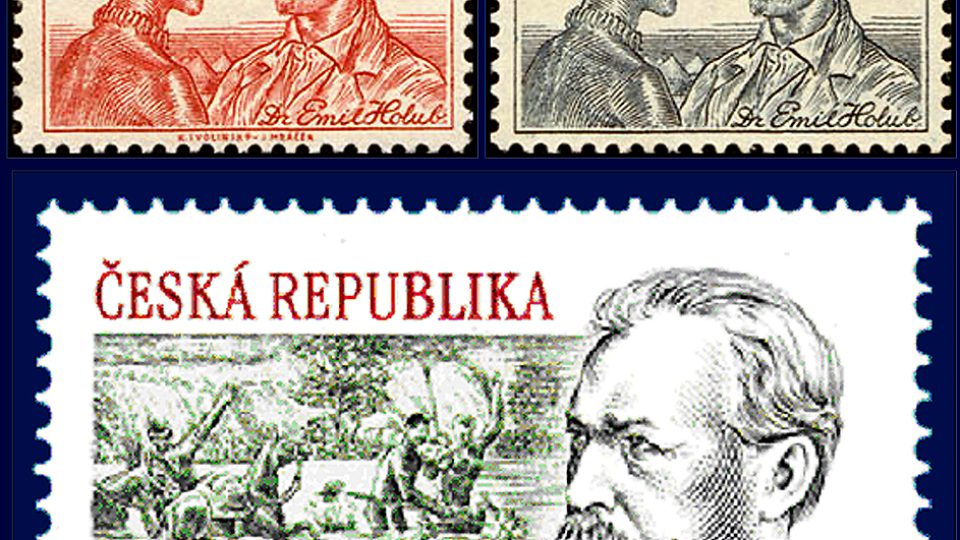Poštovní známky s Dr. Emilem Holubem, vydané v roce 1952 a 2007