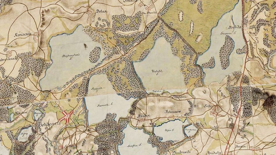 Bohdanečská rybniční soustava na vojenské mapě z druhé poloviny 18. století, rybník Velká Čeperka vpravo