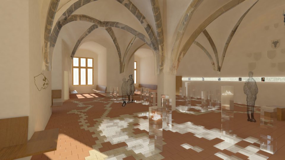 Expozice ve velkém gotickém sále se světelnou mapou v podlaze
