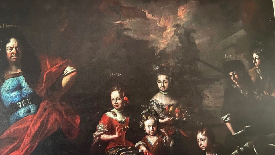 Kopie obrazu Petra Brandla znázorňuje Ferdinanda Hroznatu Kokořovce z Kokořova a jeho šest dětí