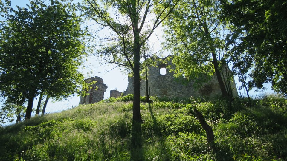 Pohled na zříceninu hradu z lávky mířící do parku Hamzovy léčebny