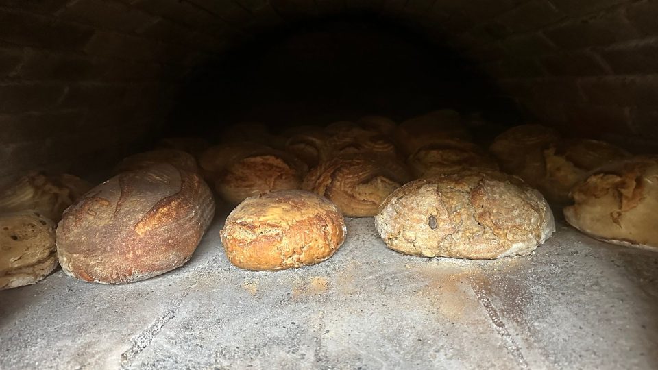 Chleba se peče v peci asi hodinu