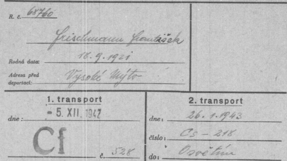 Výpis transportů Františka Frischmanna