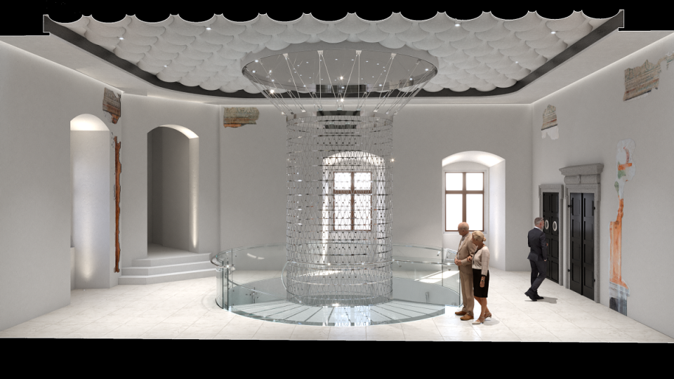 Vizualizace vyústění skleněného schodiště podle architektky Evy Jiřičné