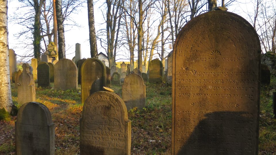 Pohled na náhrobky židovského hřbitova v Dřevíkově směrem k hlavní bráně