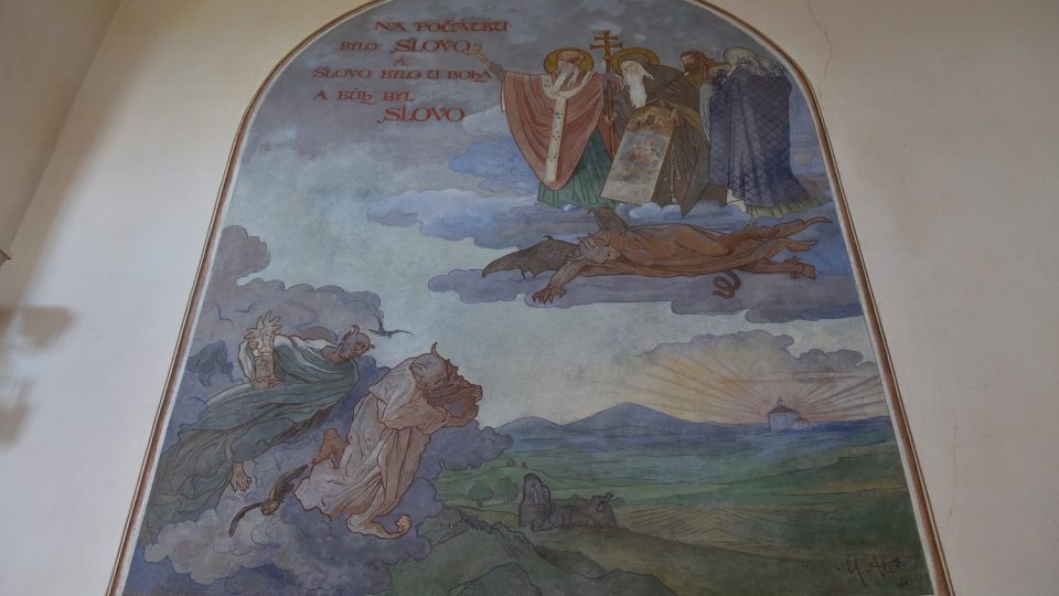 Freska dle návrhu Mikoláše Alše z roku 1900 v makovském kostele