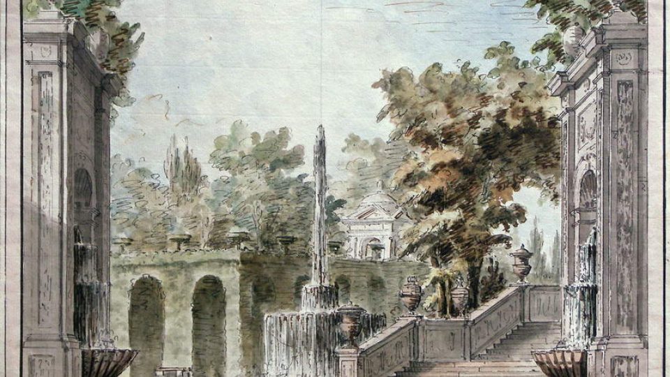 Kresebná předloha zadního prospektu francouzské zahrady