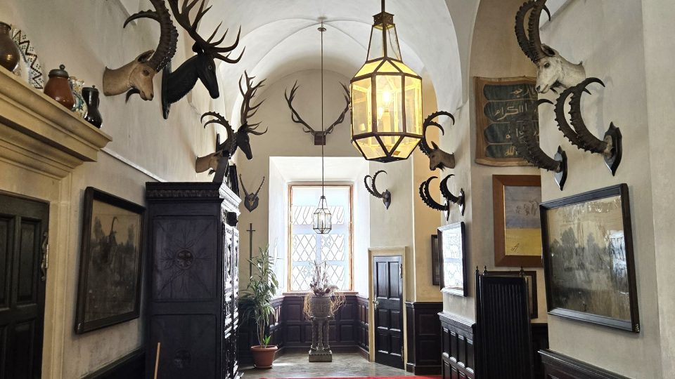 Součástí mobiliáře jsou i původní lovecké trofeje Colloredo-Mansfeldů