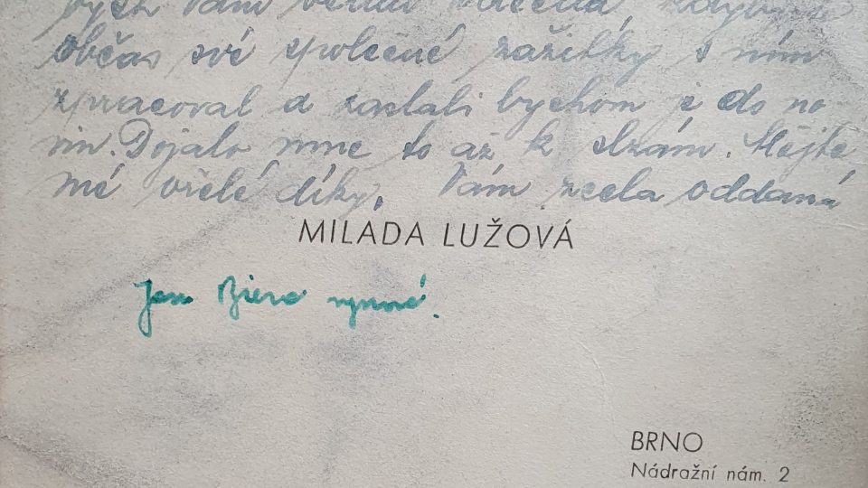 Poděkování od vdovy Milady Lužové, po generálu Lužovi.