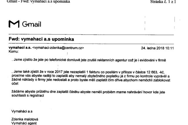 Jeden z podvodných e-mailů,  které z lékařů lákají peníze za fiktivní reklamní služby | foto: Policie ČR