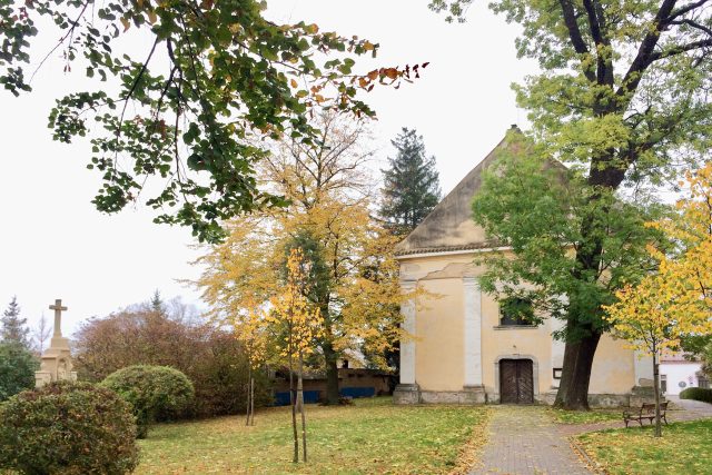 Kostel v Moravanech pochází z konce 18. století,  stejně jako platan u jeho vchodu | foto: Šárka Rusnáková,  Český rozhlas